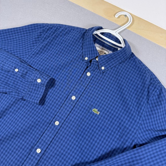 Lacoste Other - Lacoste Mens Button Down Gingham Poplin Regular Fit Medium Blue Cotton Shirt